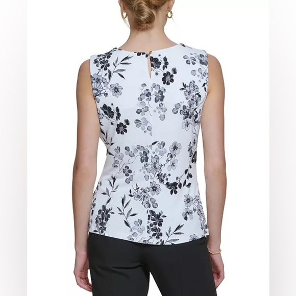 Calvin Klein | Petite Pleat Neck Top in Black/White Size Medium - Picture 2 of 8